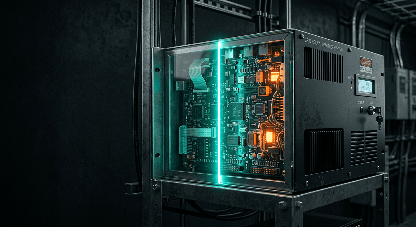 A protective relay crossed by a teal scan line, glass below revealing a chip glowing orange, with a teal thread leading to hexagons fading into dark.